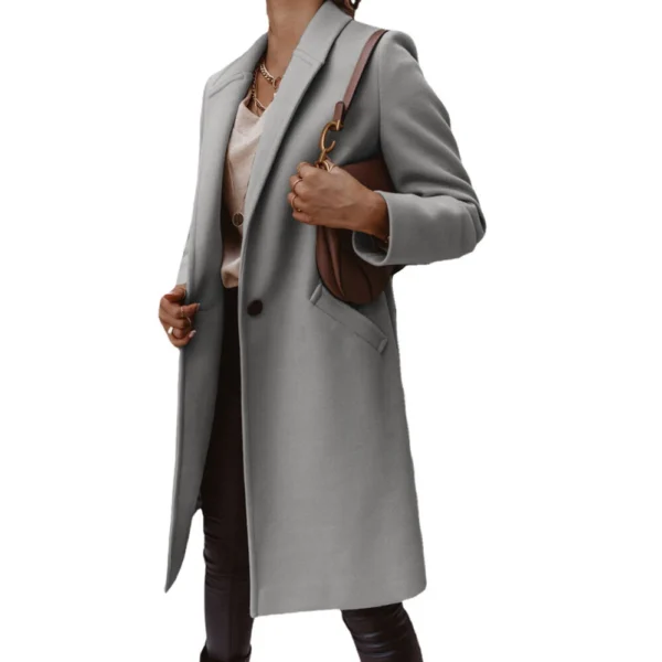 Solid color lapel long button woolen coat for women - Image 18
