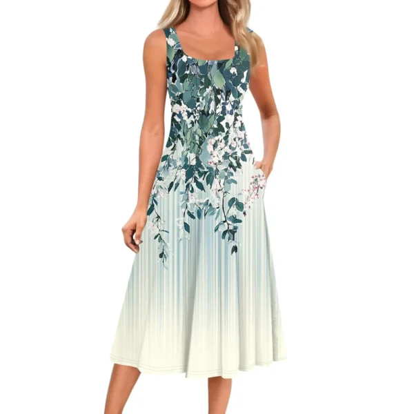 Women's Casual Fashion Floral Print Round Neck Sleeveless Solid Color Midi Dress - Image 12