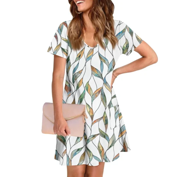 Ladies' Casual And Fashionable V-neck Short Sleeve Printing Mid Length Dress - Image 22