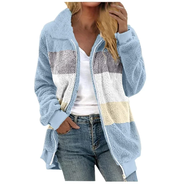 Women's Casual Color Blocking Loose Plush Zippered Flip Collar Jacket With - Image 3