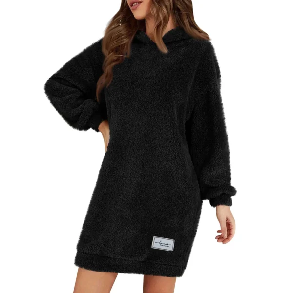 Women's Fashion Hooded Long Sleeve Plush Dress Solid Color Casual Sweatshirt - Image 7