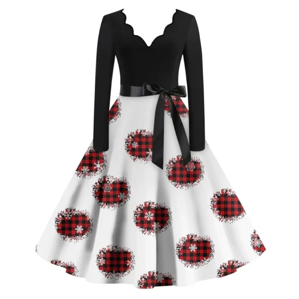 Women's Casual V-Neck Fashion Christmas Slim Long Sleeve Printed Dresses - Image 12