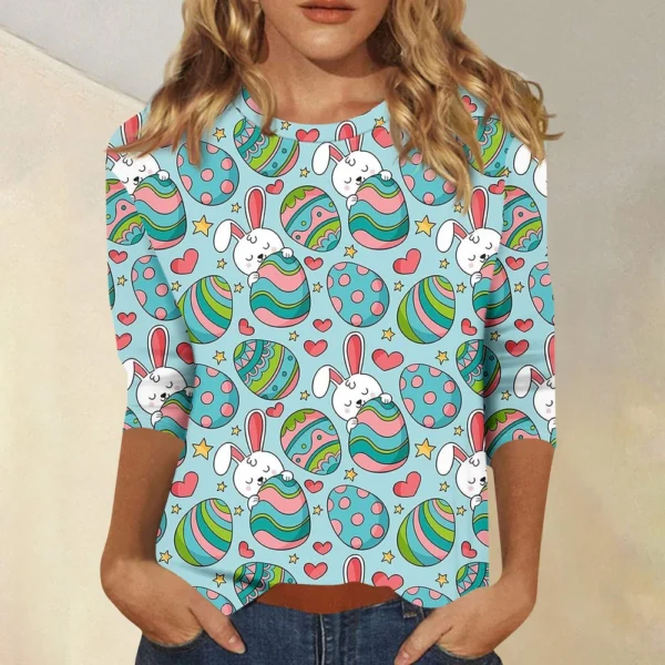 Women's Tops 3/4 Sleeve Casual Fashion Plus Size Basic Easter Printed Pullover - Image 22