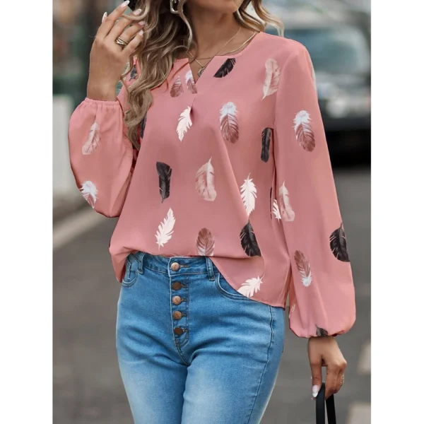V-neck printed long-sleeved loose T-shirt women's top - Image 7