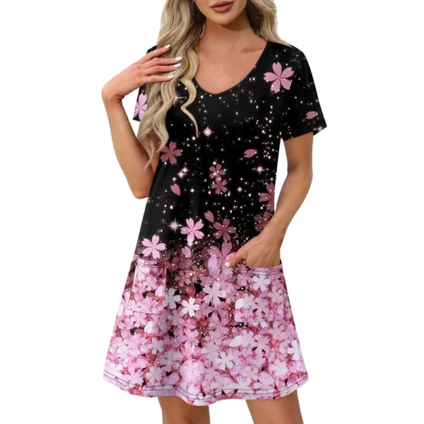 Ladies' Casual And Fashionable V-neck Short Sleeve Printing Mid Length Dress - Image 32