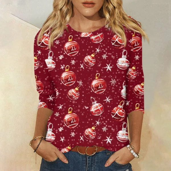 Ladies Loose Casual Round Neck T-Shirt Printed 3/4 Sleeve Christmas Women's Top - Image 40