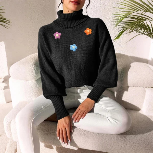Women's  Fall And Winter Solid  Hand   Crochet Flower Splicing Turtleneck - Image 11