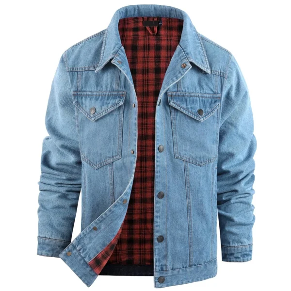 Mens Casual Outdoor Pocket Solid Color Fashion  Cowboy Flannel Jacket - Image 3