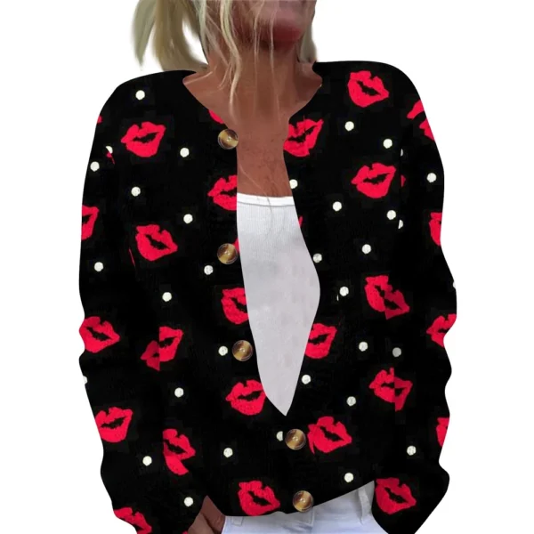Women's Fashion Printed Valentine's Day Long Sleeved Knitted Cardigan Button - Image 2