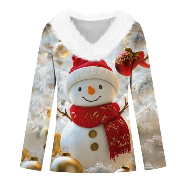 Women's Long Sleeve Christmas Printed Party Plush Neck Wide Casual V-Neck Top - Image 11