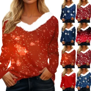 Women's Christmas Long Sleeve Shirt Top V Neck Party Fleece Collar T Shirt