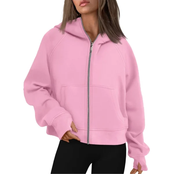 Women's Solid Color Zip-up Collar Hoodie With Sleeves And Fleece Hoodie Coat - Image 31
