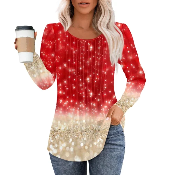 Women's Casual Christmas T-Shirt Round Neck Printed Pleated Long Sleeved Top - Image 31