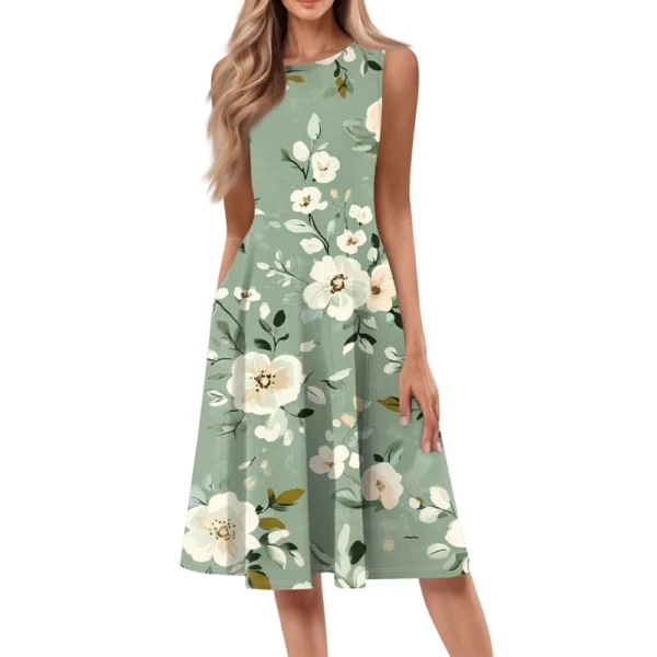 Women's Casual Fashion Floral Print Round Neck Sleeveless Solid Color Midi Dress - Image 6