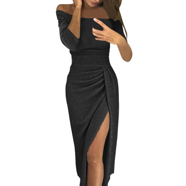 Women's Fashion Sexy Strapless High Slit Tight Dress Half Sleeve Dress - Image 13
