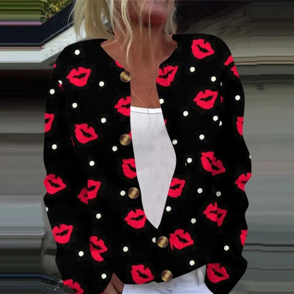 Women's Fashion Printed Valentine's Day Long Sleeved Knitted Cardigan Button - Image 22