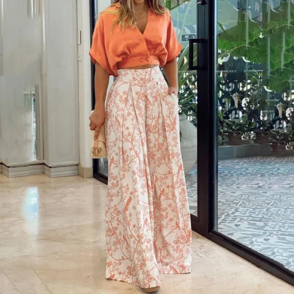 Short Top V-Neck Fashion Printed Wide Leg Pants - Image 4