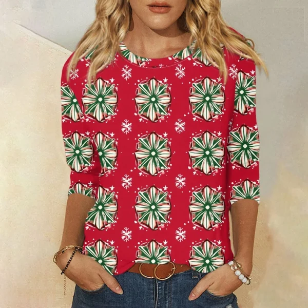 Ladies Loose Printed Casual T-Shirt Round Neck 3/4 Sleeve Christmas Women's Top - Image 25