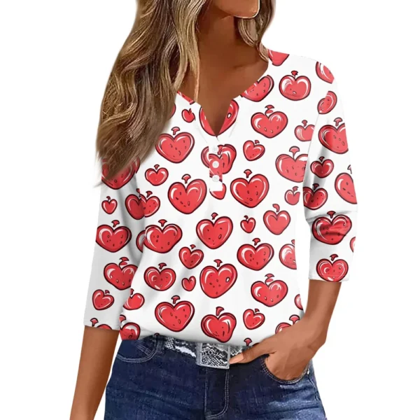 Women's T Shirt Tee Valentine's Day Print Button 3/4 Sleeve Daily Weekend - Image 29
