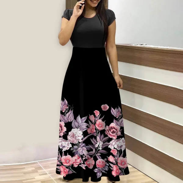 Women's Fashion Casual Loose Printed Round Neck Short Sleeve Long Dresses - Image 31