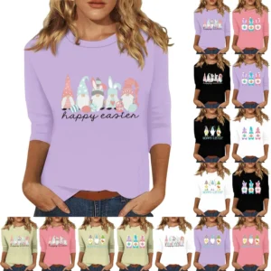 Women's Basic Easter Casual Plus Size 3/4 Sleeve Tops Fashion Printed Pullover