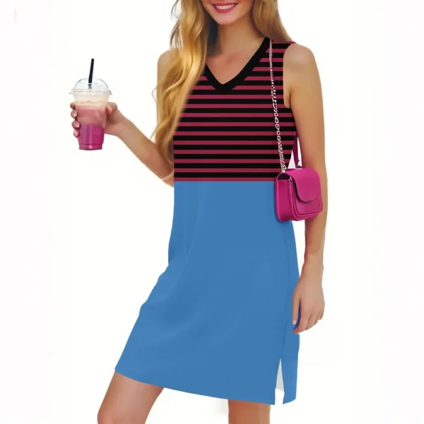 Women's Casual Fashion Sexy V-neck Sleeveless Striped Hem Slit Dress - Image 39