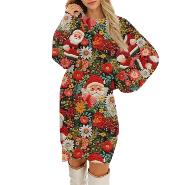 Women's Round Neck Casual Long Sleeve Plush Christmas Printed Dresses - Image 4