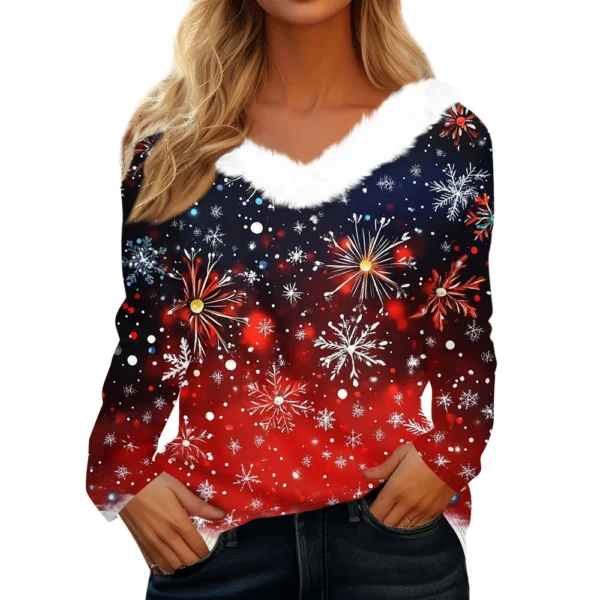 Women's Christmas Party V Neck T Shirt Fleece Collar Shirt Long Sleeve Top - Image 8