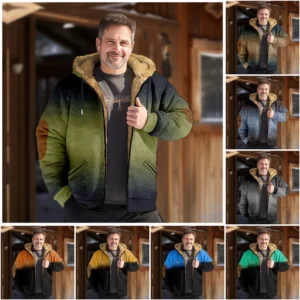 Men's Winter Print Jacket Men's Casual Trend Zipper Hooded Jacket