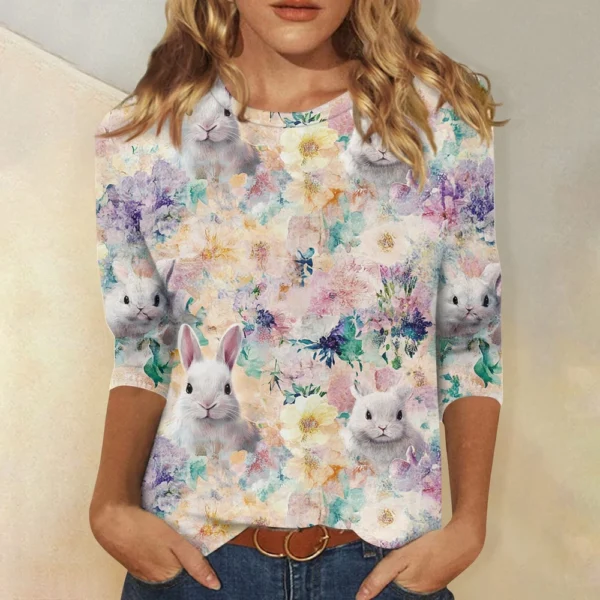 Women's Casual Fashion Easter Tops Plus Size Printed Basic 3/4 Sleeve Pullover - Image 13