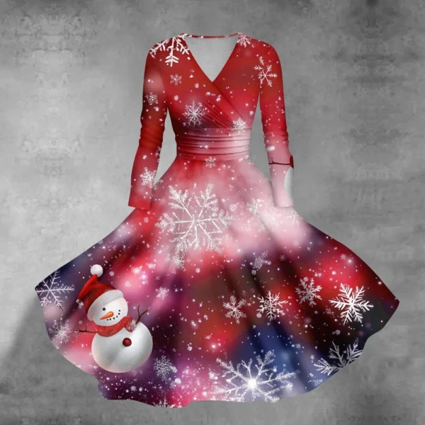 Women's Casual V-Neck Slim Fashion Christmas Long Sleeve Printed Dresses - Image 22
