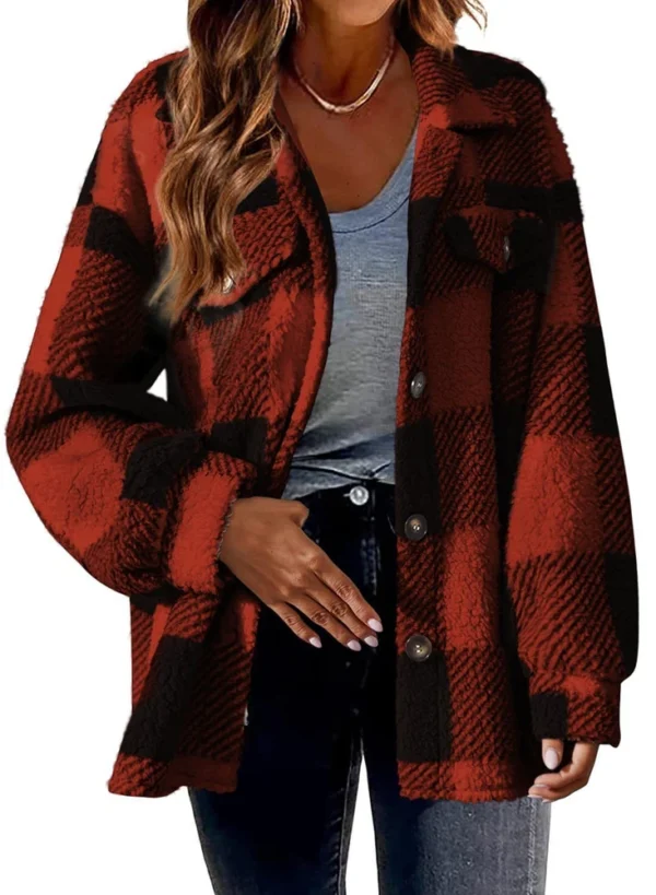 Pocket Plaid Jacket Button Plush Jacket - Image 12