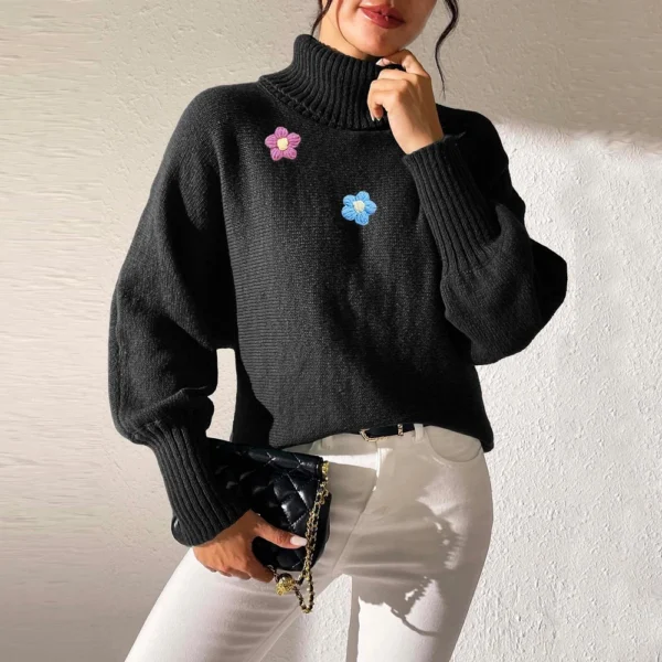 Women's  Fall And Winter Solid  Hand   Crochet Flower Splicing Turtleneck - Image 7