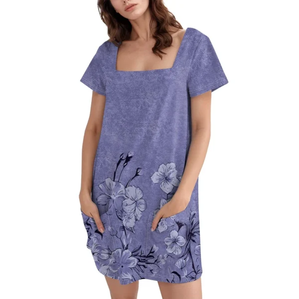 Women's Square Collar Short Sleeve Fashion Skirt Floral Print Pocket Casual - Image 2
