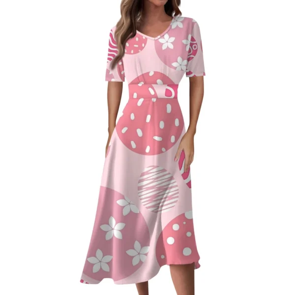 Ladies Casual Fashion Gradient Print V-Neck Short Sleeve Waist Long Swing Dress - Image 23