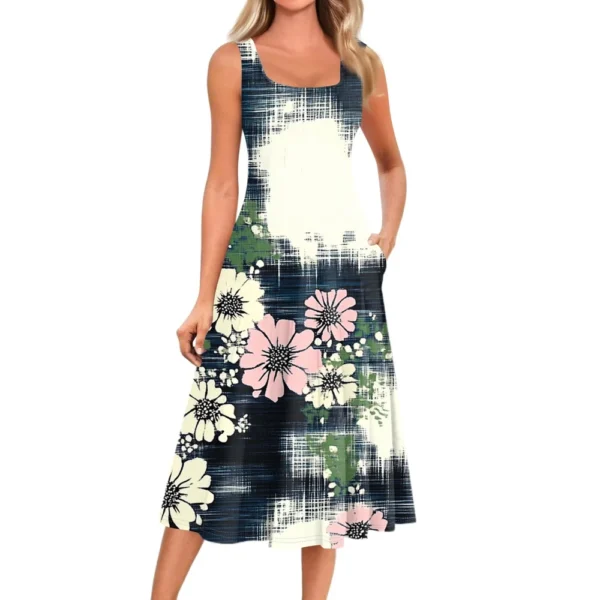 Women's Casual Fashion Floral Print Round Neck Sleeveless Solid Color Midi Dress - Image 11
