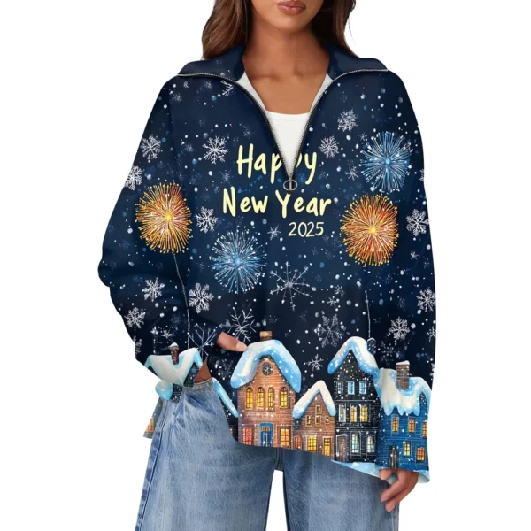 Women's Casual Half Zipper Lapel Christmas Printed Pullover Top Side Slit - Image 37