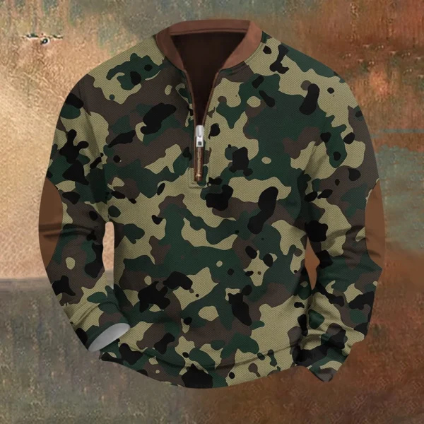 Men's Fashion Casual Half Zip Neck Loose Long Sleeve Camouflage Sweatshirt - Image 13