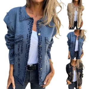 Women's denim jacket with multicolored metal button lapels