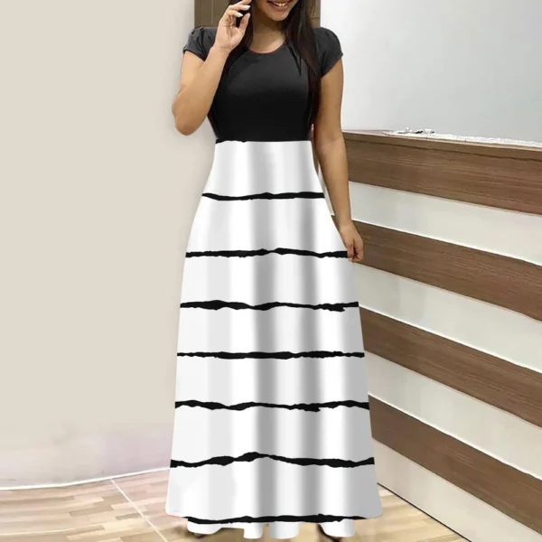 Women's Fashion Casual Loose Printed Round Neck Short Sleeve Long Dresses - Image 43