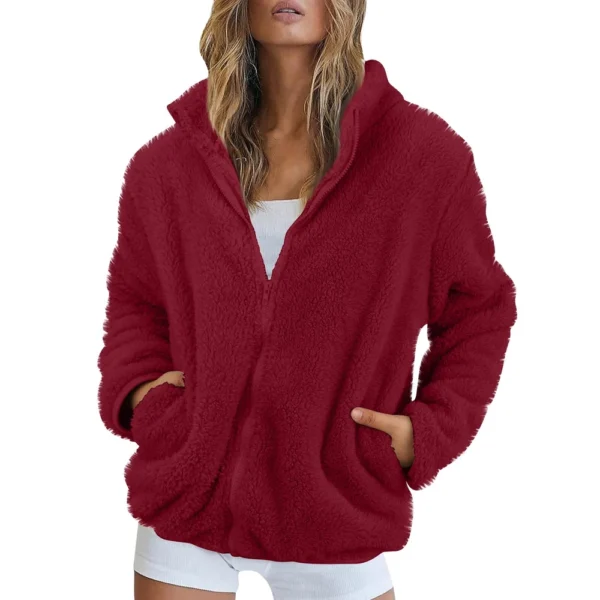Women's Solid Color Loose High Neck Long Fleece Plush Warm Zipper Jacket - Image 47