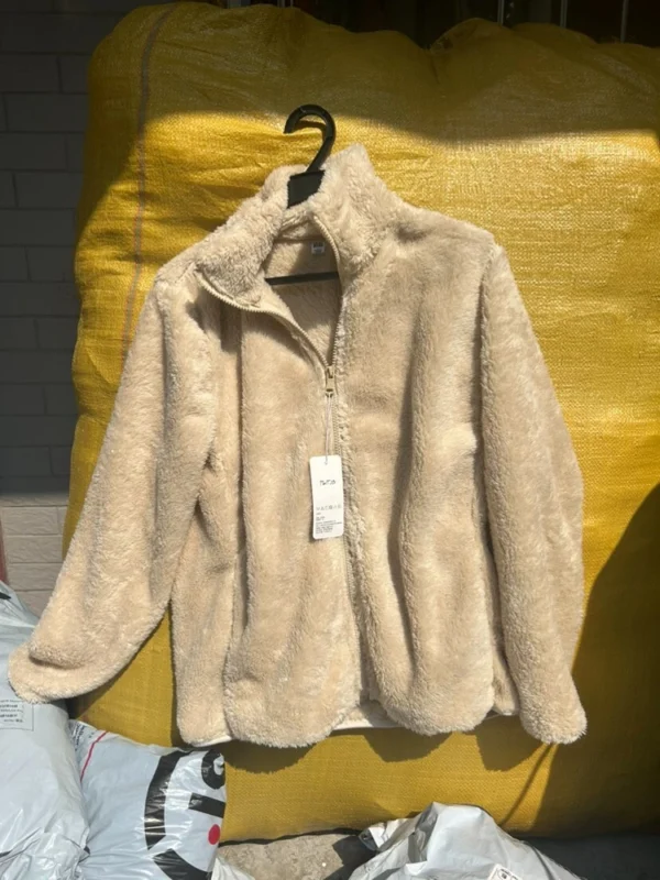 Women's Solid Color Loose High Neck Long Fleece Plush Warm Zipper Jacket - Image 3