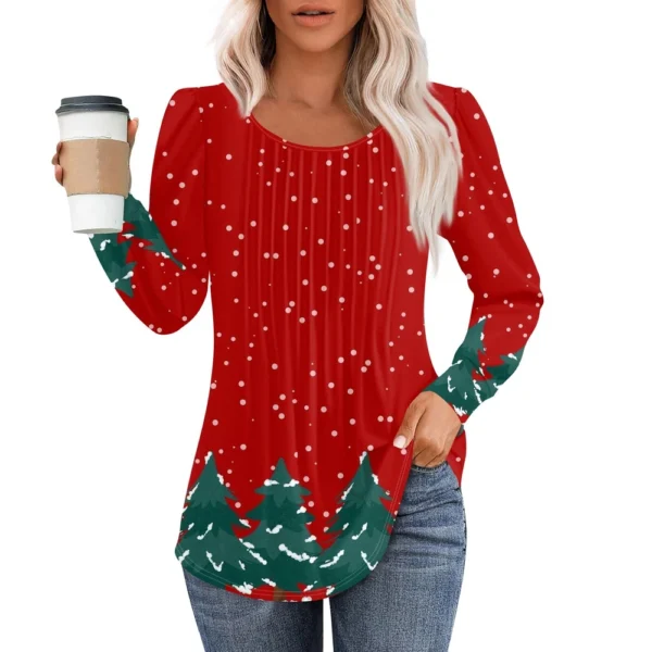 Women's Casual Christmas T-Shirt Round Neck Printed Pleated Long Sleeved Top - Image 2