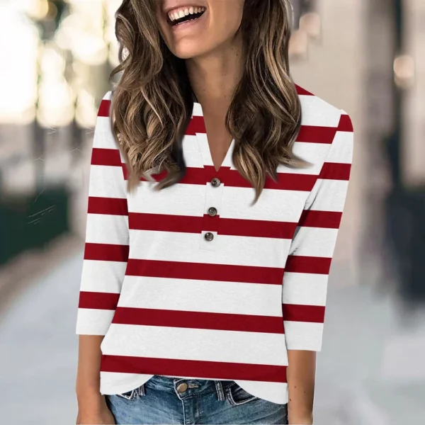 Women's Fashion Casual Loose 3/4 Sleeve Striped Printed Round Neck Top - Image 49