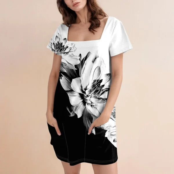 Women's Square Collar Short Sleeve Fashion Skirt Floral Print Pocket Casual - Image 16
