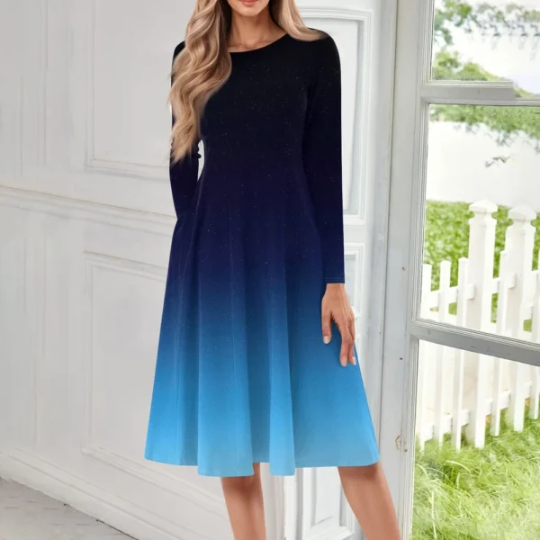 Women's Casual Fashion Round Neck Long Sleeve Print Midi Dress - Image 31