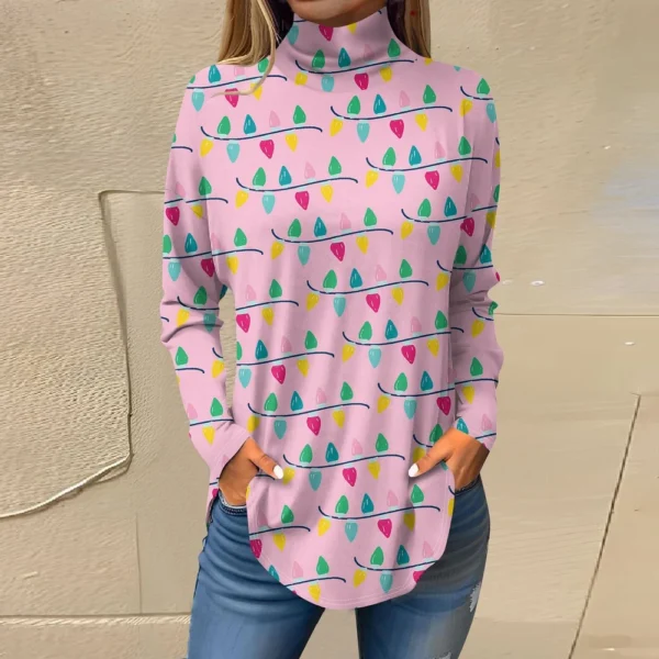 Women's Printed Pullover High Neck Fashion Long Sleeve Casual Christmas T-Shirt - Image 31