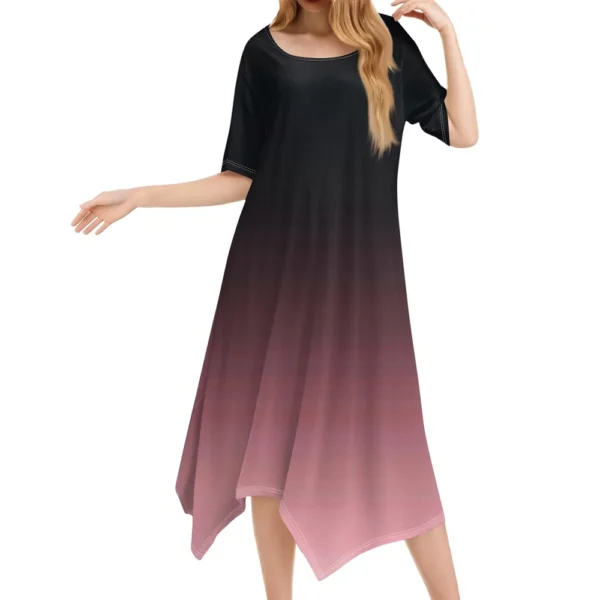 Women's Casual Fashion Round Neck Short Sleeve Print Irregular Hem Midi Dress - Image 4