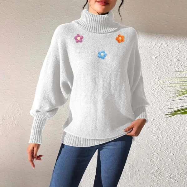 Women's  Fall And Winter Solid  Hand   Crochet Flower Splicing Turtleneck - Image 22