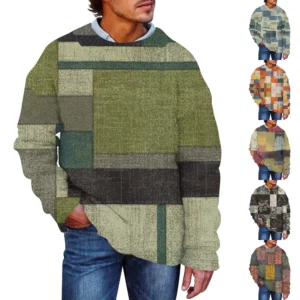 Men'S Printed Synthetic Sweater Round Neck Sportswear Loose Long Sleeved Top